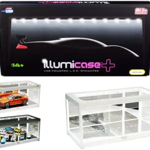 White Collectible Display Show Case Illumicase+ with LED Lights and Mirror Base and Back for 1/64 1/43 1/32 1/24 1/18 Scale Models by Illumibox