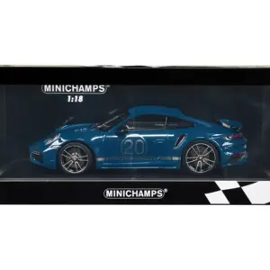 2021 Porsche 911 Turbo S with SportDesign Package #20 Blue Metallic with Silver Stripes Limited Edition to 504 pieces Worldwide 1/18 Diecast Model Car by Minichamps