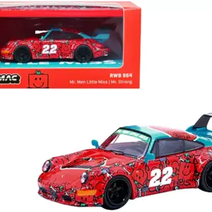 RWB 964 #22 Red and Blue “Mr. Strong” Graphics “Mr. Men Little Miss” with Container Display Case 1/64 Diecast Model Car by Tarmac Works