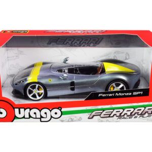 Ferrari Monza SP1 Silver Metallic with Yellow Stripes 1/24 Diecast Model Car by Bburago