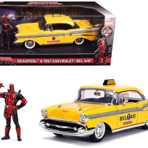 1957 Chevrolet Bel Air Taxi Yellow with Deadpool Diecast Figurine “Marvel” Series 1/24 Diecast Model Car by Jada