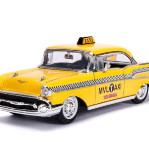 1957 Chevrolet Bel Air Taxi Yellow with Deadpool Diecast Figurine "Marvel" Series 1/24 Diecast Model Car by Jada