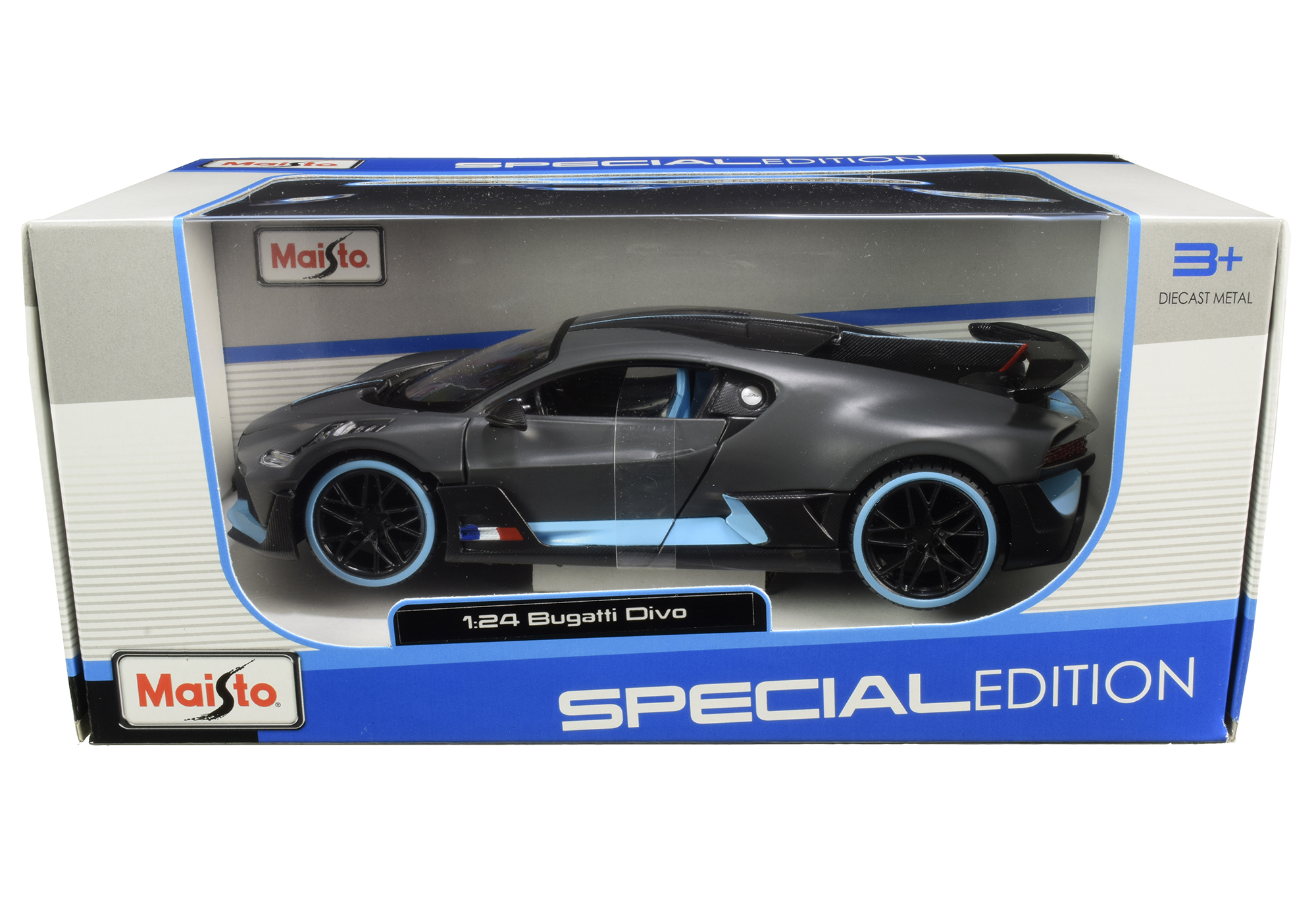 Bugatti Divo Satin Charcoal Gray with Carbon and Blue Accents "Special Edition" 1/24 Diecast Model Car by Maisto