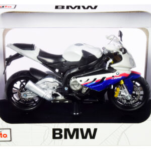 BMW S 1000 RR White with Blue and Red Stripes with Plastic Display Stand 1/12 Diecast Motorcycle Model by Maisto