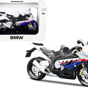 BMW S 1000 RR White with Blue and Red Stripes with Plastic Display Stand 1/12 Diecast Motorcycle Model by Maisto