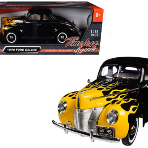 1940 Ford Deluxe Black with Yellow Flames “Timeless Classics” 1/18 Diecast Model Car by Motormax