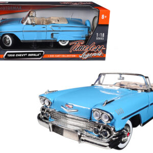 1958 Chevrolet Impala Convertible Light Blue “Timeless Classics” 1/18 Diecast Model Car by Motormax