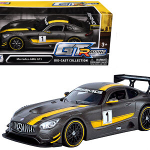 Mercedes AMG GT3 #1 Matt Gray with Yellow Stripes “GT Racing” 1/24 Diecast Model Car by Motormax