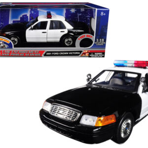 2001 Ford Crown Victoria Police Car Plain Black & White with Flashing Light Bar & Front and Rear Lights and Sound 1/18 Diecast Model Car by Motormax 2001 Ford Crown Victoria Police Car Plain Black & White with Flashing Light Bar & Front and Rear Lights and Sound 1/18 Diecast Model Car by Motormax