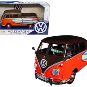 Volkswagen Type 2 (T1) Pickup with Surfboard Brown and Orange 1/24 Diecast Model Car by Motormax