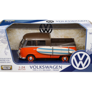 Volkswagen Type 2 (T1) Pickup with Surfboard Brown and Orange 1/24 Diecast Model Car by Motormax