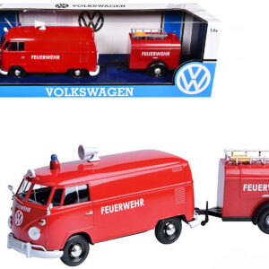 Volkswagen Type 2 (T1) Fire Van with Fire Fighting Trailer “Feuerwehr” Red 1/24 Diecast Model Car by Motormax Volkswagen Type 2 (T1) Fire Van with Fire Fighting Trailer “Feuerwehr” Red 1/24 Diecast Model Car by Motormax