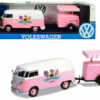 Volkswagen T1 Delivery Van with Ice-Cream Trailer Pink and White “Ice-Cream Shop” 1/24 Diecast Model Car by Motormax Volkswagen T1 Delivery Van with Ice-Cream Trailer Pink and White “Ice-Cream Shop” 1/24 Diecast Model Car by Motormax