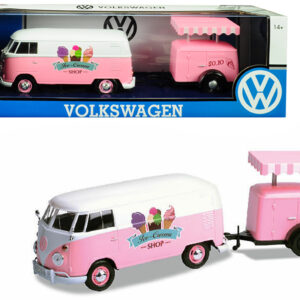 Volkswagen T1 Delivery Van with Ice-Cream Trailer Pink and White “Ice-Cream Shop” 1/24 Diecast Model Car by Motormax Volkswagen T1 Delivery Van with Ice-Cream Trailer Pink and White “Ice-Cream Shop” 1/24 Diecast Model Car by Motormax