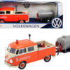 Volkswagen Type 2 (T1) Pickup Truck Orange and Cream with Oil Trailer “Road Service” 1/24 Diecast Model Car by Motormax Volkswagen Type 2 (T1) Pickup Truck Orange and Cream with Oil Trailer “Road Service” 1/24 Diecast Model Car by Motormax