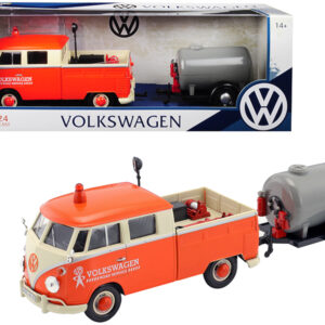 Volkswagen Type 2 (T1) Pickup Truck Orange and Cream with Oil Trailer “Road Service” 1/24 Diecast Model Car by Motormax