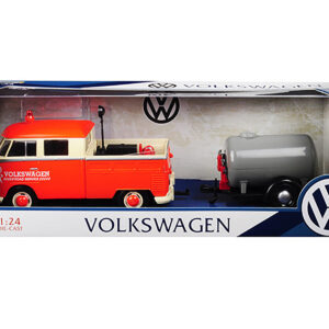 Volkswagen Type 2 (T1) Pickup Truck Orange and Cream with Oil Trailer