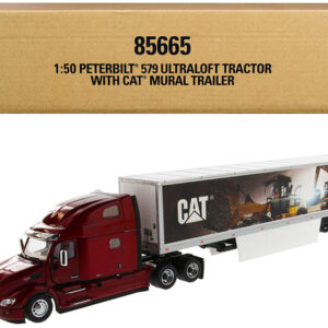 Peterbilt 579 UltraLoft Truck Tractor Red with “CAT Caterpillar” Mural Dry Van Trailer “Transport Series” 1/50 Diecast Model by Diecast Masters