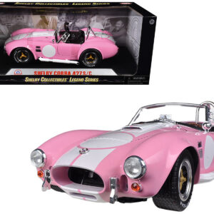 1965 Shelby Cobra 427 S/C Pink with White Stripes with Printed Carroll Shelby Signature’s on the Trunk 1/18 Diecast Model Car by Shelby Collectibles