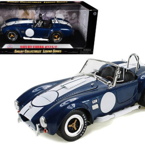 1965 Shelby Cobra 427 S/C Dark Blue Metallic with White Stripes with Printed Carroll Shelby’s Signature on the Trunk 1/18 Diecast Model Car by Shelby Collectibles