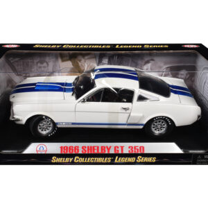 1966 Ford Mustang Shelby GT350 White with Blue Stripes 1/18 Diecast Model Car by Shelby Collectibles