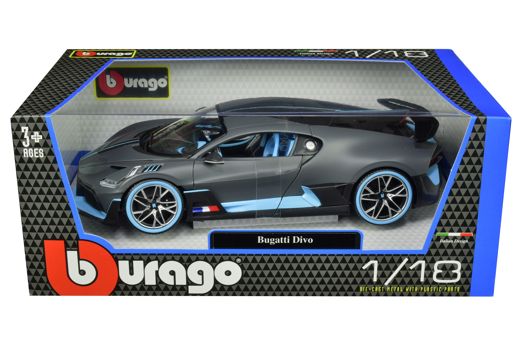 Bugatti Divo Matt Gray with Blue Accents 1/18 Diecast Model Car by Bburago