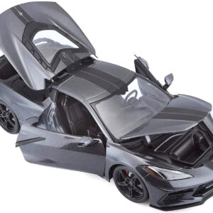2020 Chevrolet Corvette Stingray C8 Dark Gray Metallic with Racing Stripes 1/18 Diecast Model Car by Maisto