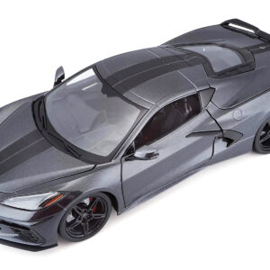 2020 Chevrolet Corvette Stingray C8 Dark Gray Metallic with Racing Stripes 1/18 Diecast Model Car by Maisto