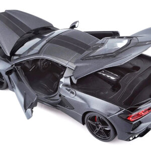 2020 Chevrolet Corvette Stingray C8 Dark Gray Metallic with Racing Stripes 1/18 Diecast Model Car by Maisto