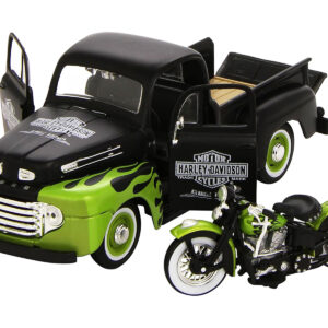 1948 Ford F-1 Pickup Truck "Harley Davidson" with 1948 Harley Davidson FL Panhead Motorcycle Black and Green 1/24 Diecast Models by Maisto