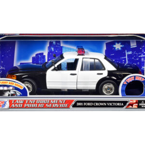 2001 Ford Crown Victoria Police Car Plain Black & White with Flashing Light Bar & Front and Rear Lights and Sound 1/18 Diecast Model Car by Motormax