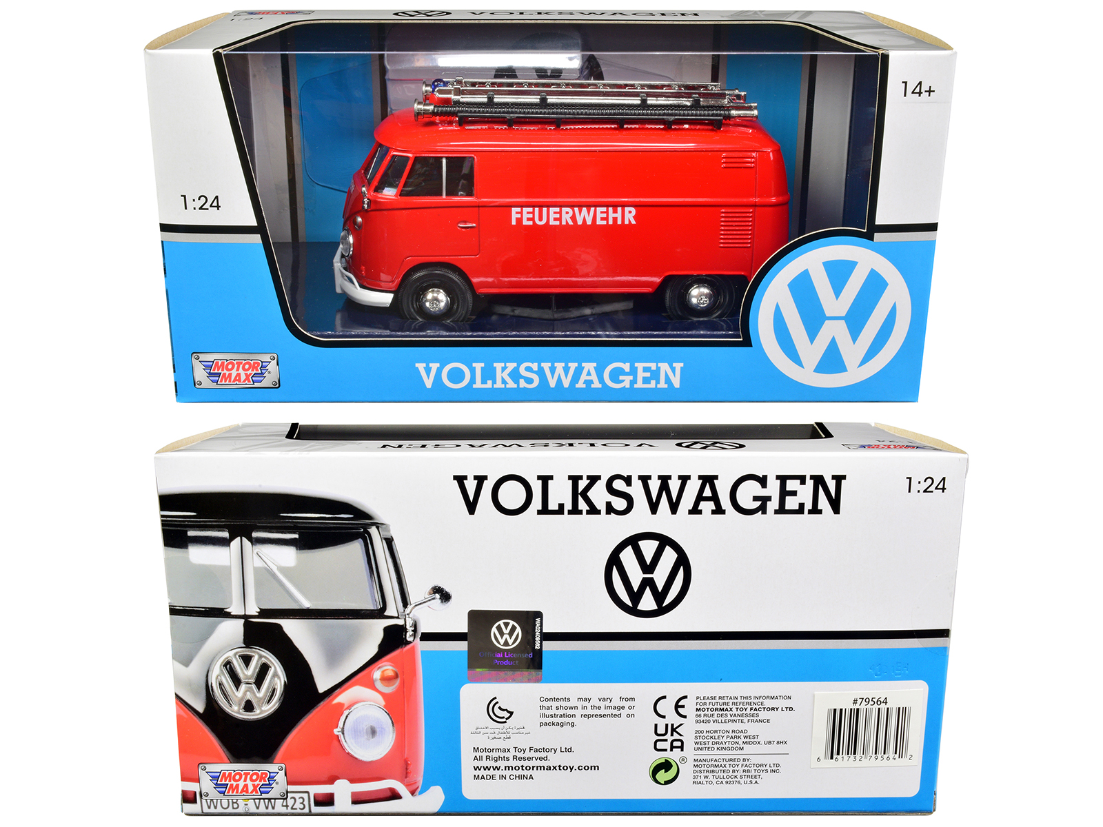 Volkswagen Type 2 (T1) Fire Van "Feuerwehr" Red 1/24 Diecast Model Car by Motormax