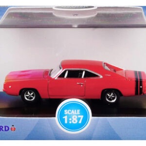 1968 Dodge Charger Bright Red with Black Stripes 1/87 (HO) Scale Diecast Model Car by Oxford Diecast